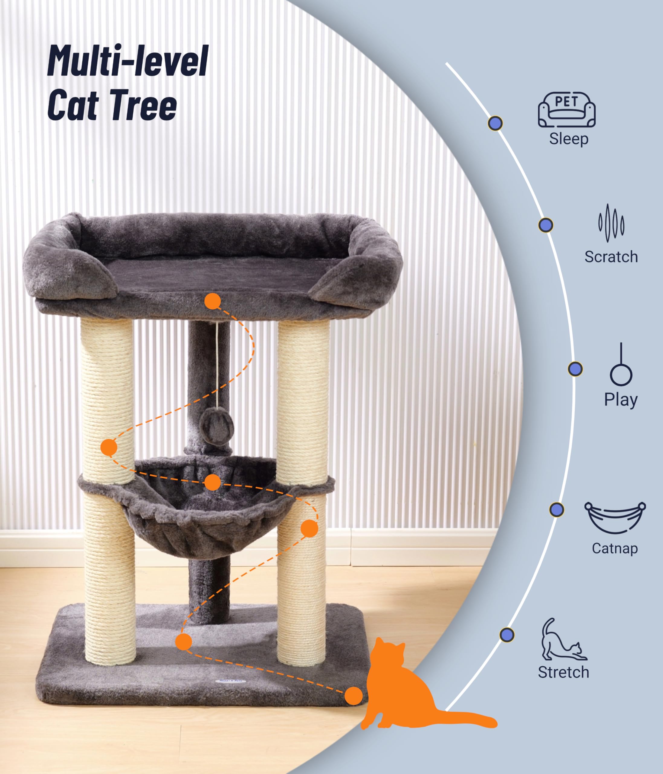 Happi N Pets 28in cat tree hammock provides cozy resting with a gentle sway.