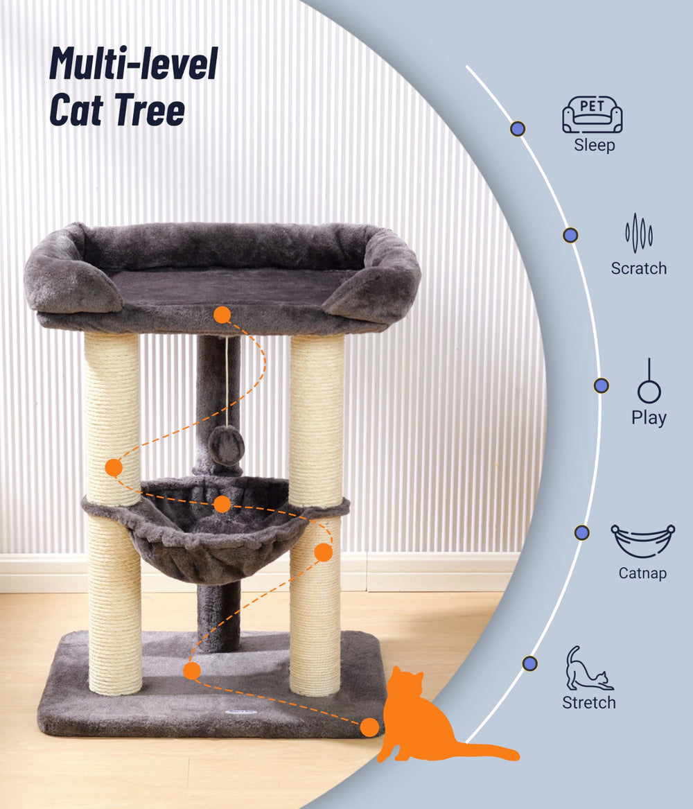 Happi N Pets 28in cat tree hammock provides cozy resting with a gentle sway.