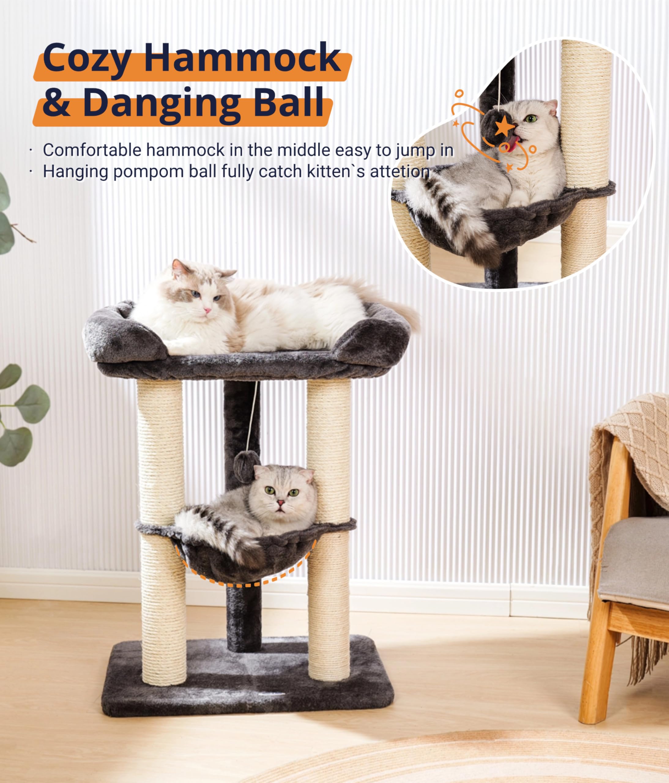 Happi N Pets 28in cat tree in a living room demonstrates space-saving design.