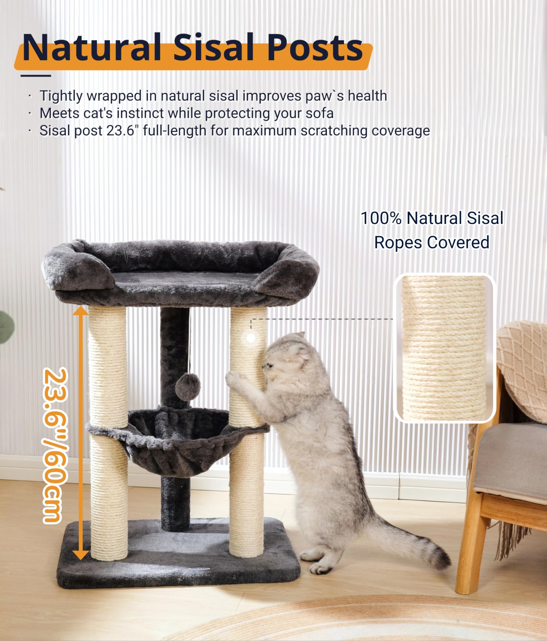 Happi N Pets 28in cat tree with pom teaser boosts play and exploration.
