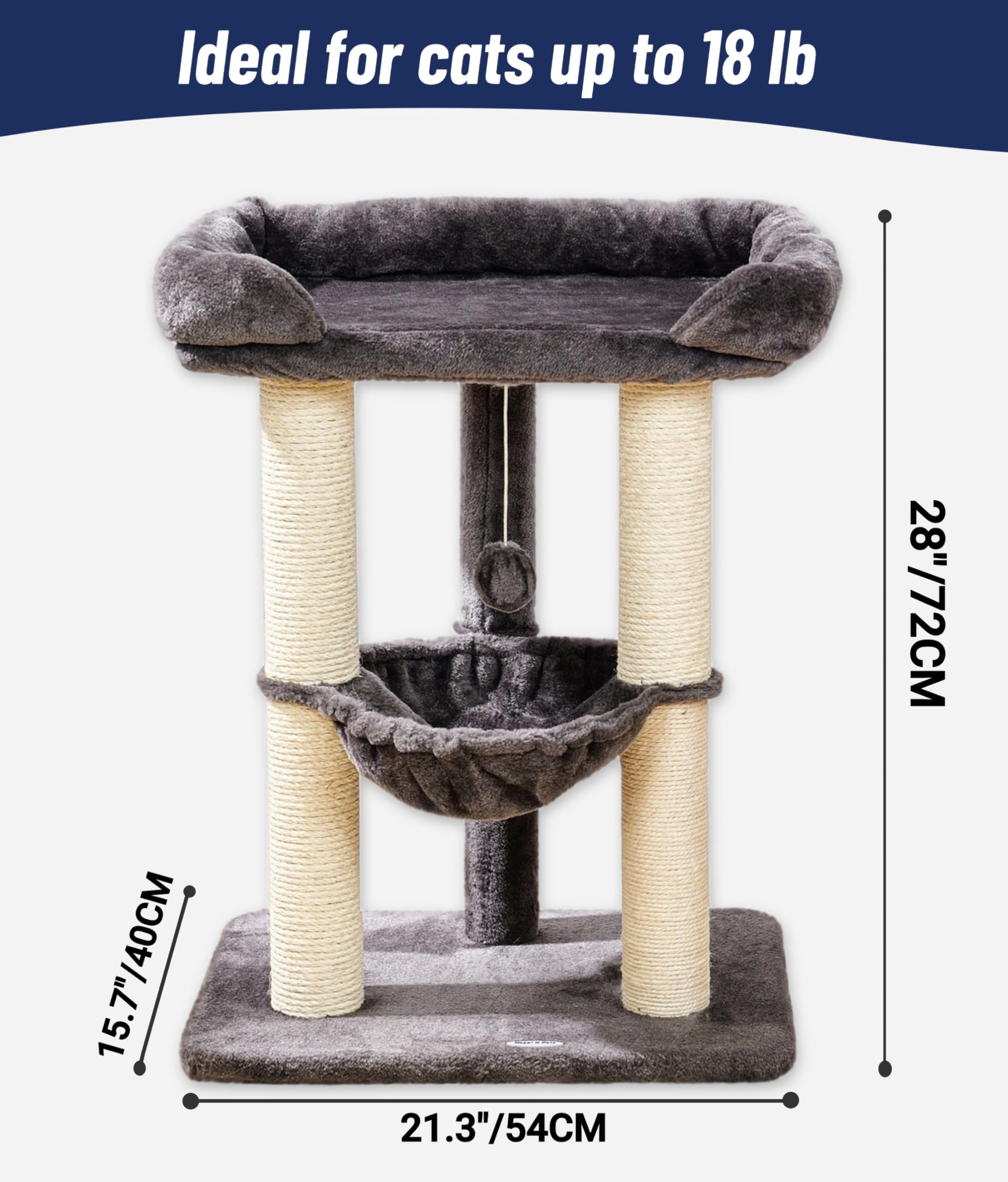 Happi N Pets 28in cat tree sisal posts deliver durable scratching for multi-cat households.