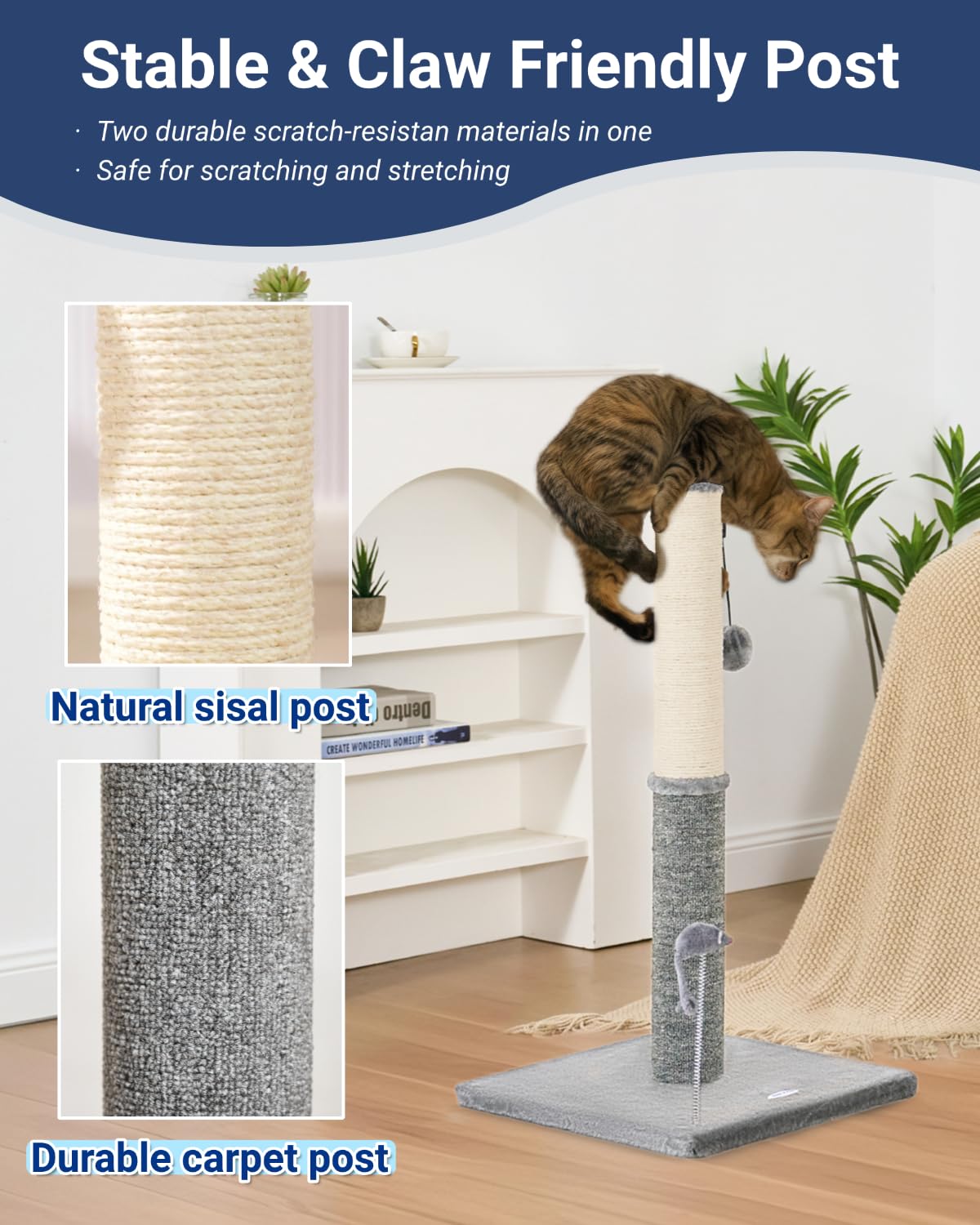 Happi N Pets 29.5-inch carpet post side view provides softer surface for gentle claws.