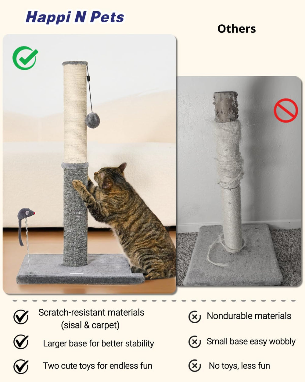 Happi N Pets dual-texture design showcases sisal and carpet for versatile scratching.