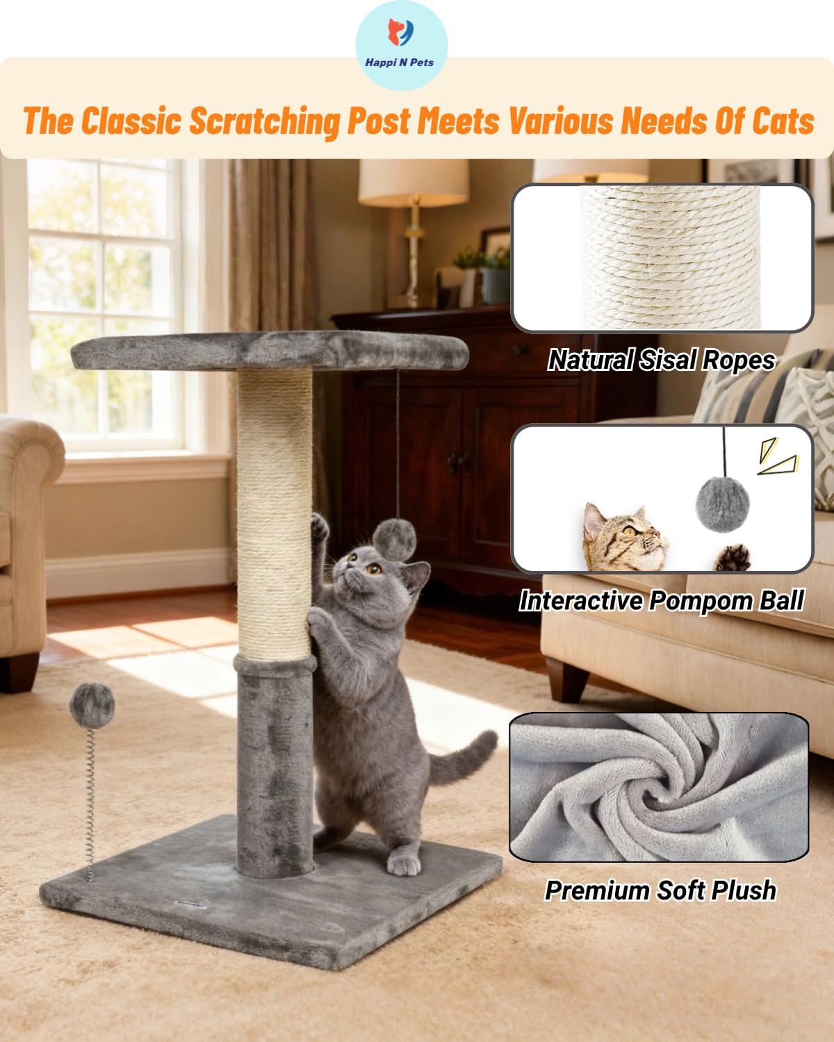 Happi N Pets natural sisal rope scratcher showing stable base for anti-tip security