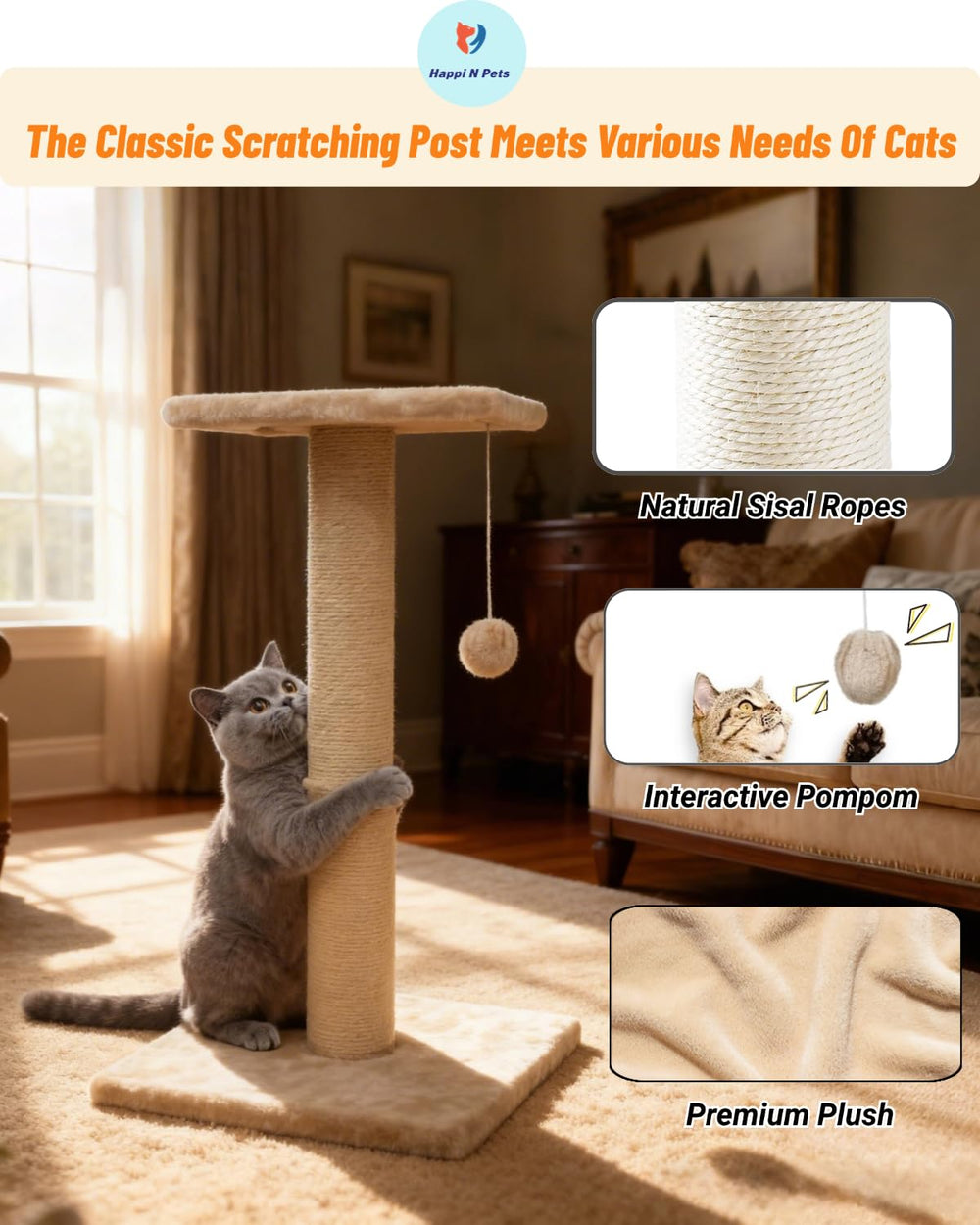 Happi N Pets sisal rope detail provides a durable scratching surface for healthy claws.