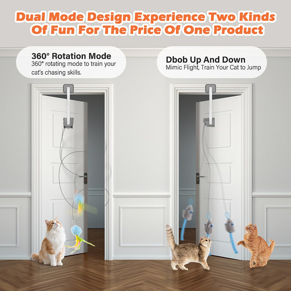 HAPPYCODE cat teaser clip-on door-frame shows versatile placement for doorway fun.