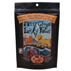 Happy Claws Lucky Paws wild Alaskan salmon cubes for dogs and cats, ideal bite-sized training treats.