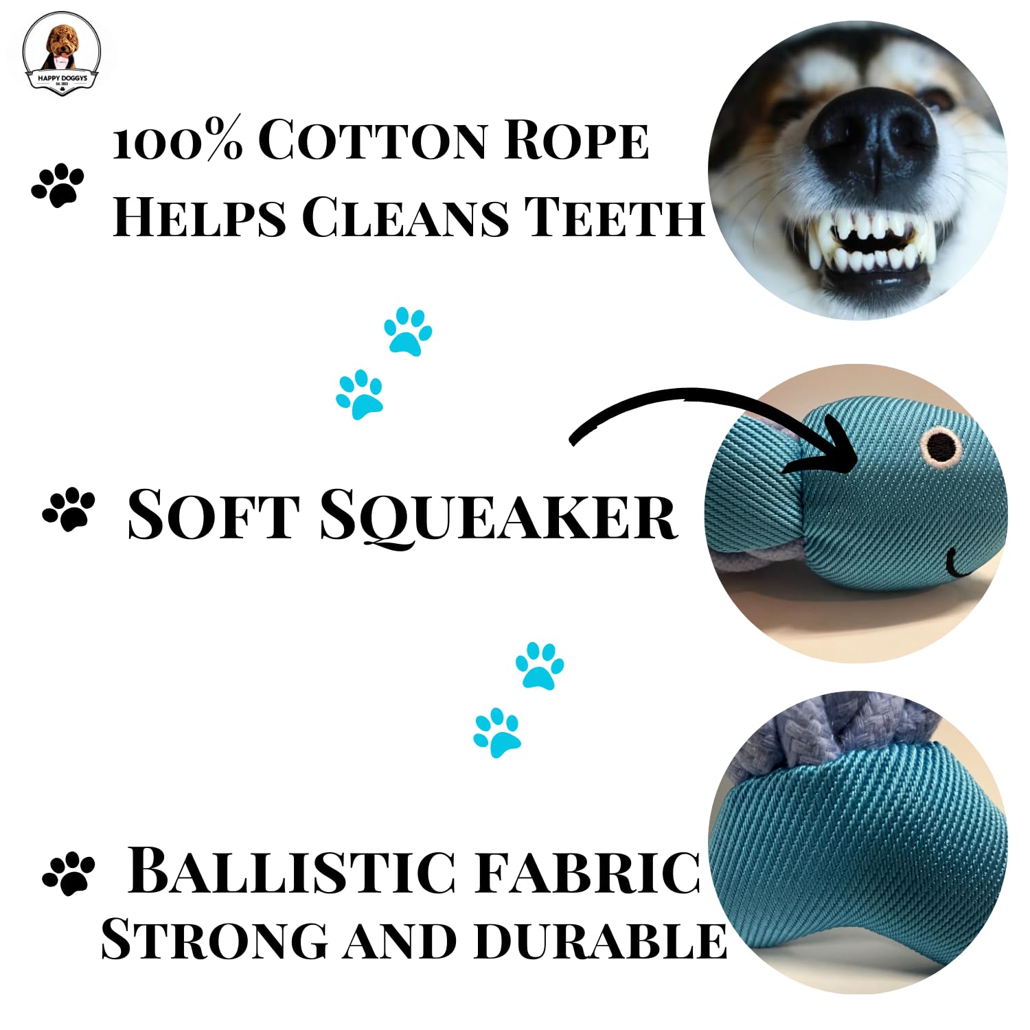 HappyDoggys Smiley Fish Toy 26cm size reference for mid-to-large dogs.