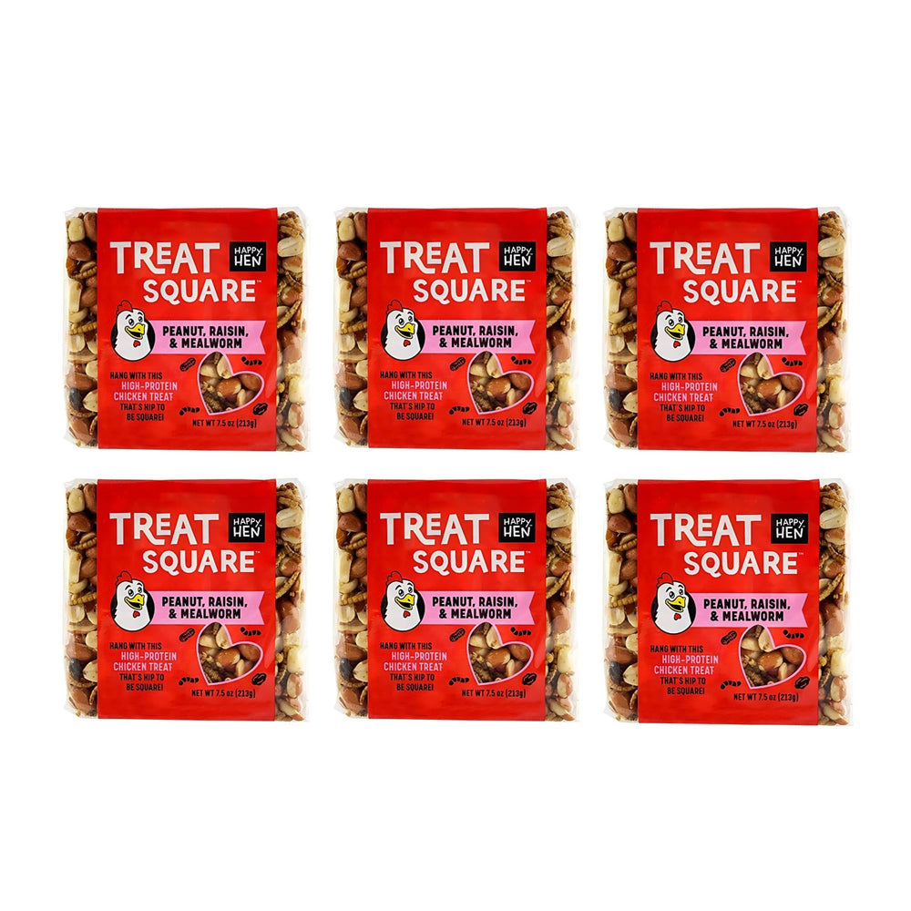 Happy Hen square mealworm and peanut treats 6-pack, designed for enrichment and reduced pecking.
