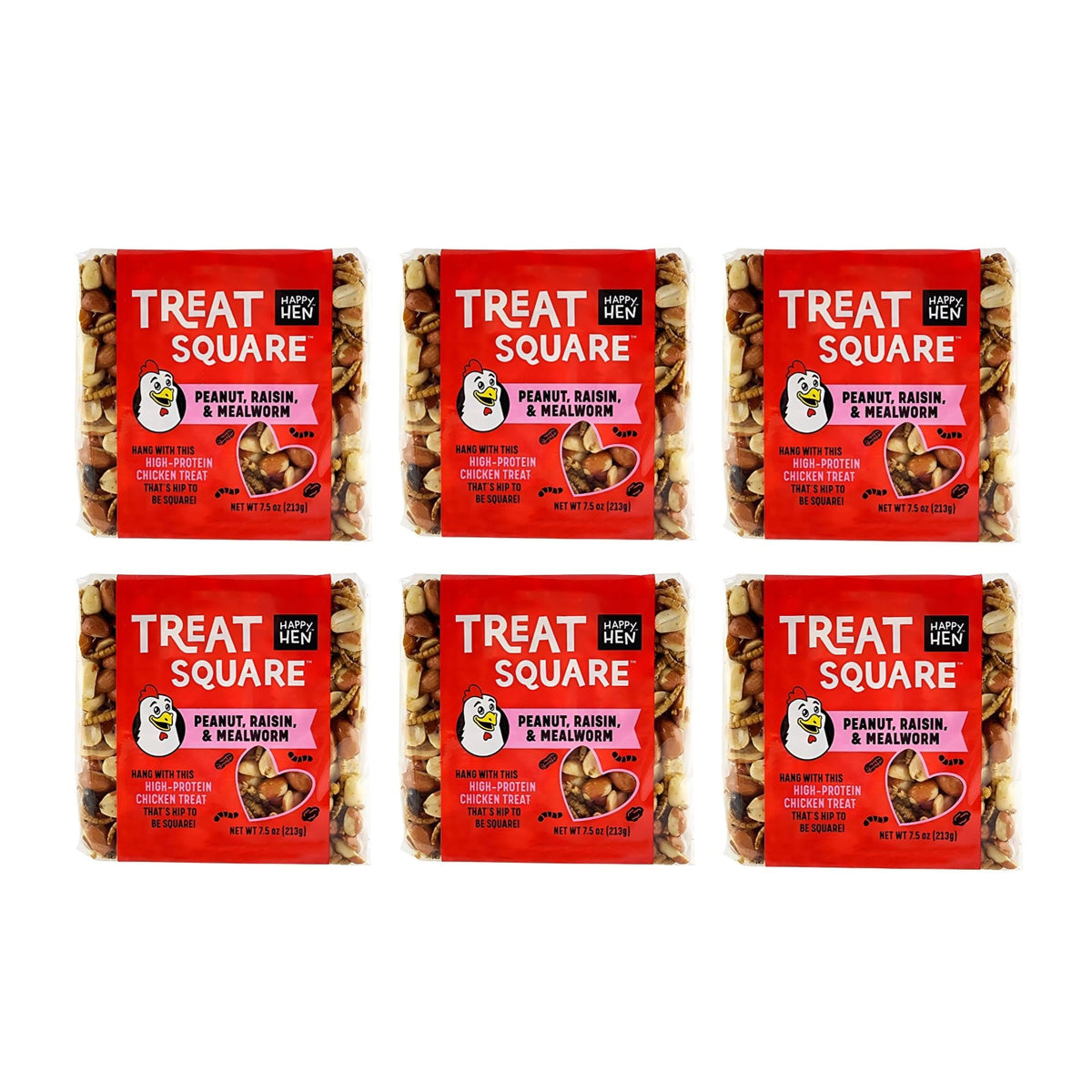 Happy Hen square mealworm and peanut treats 6-pack, designed for enrichment and reduced pecking.