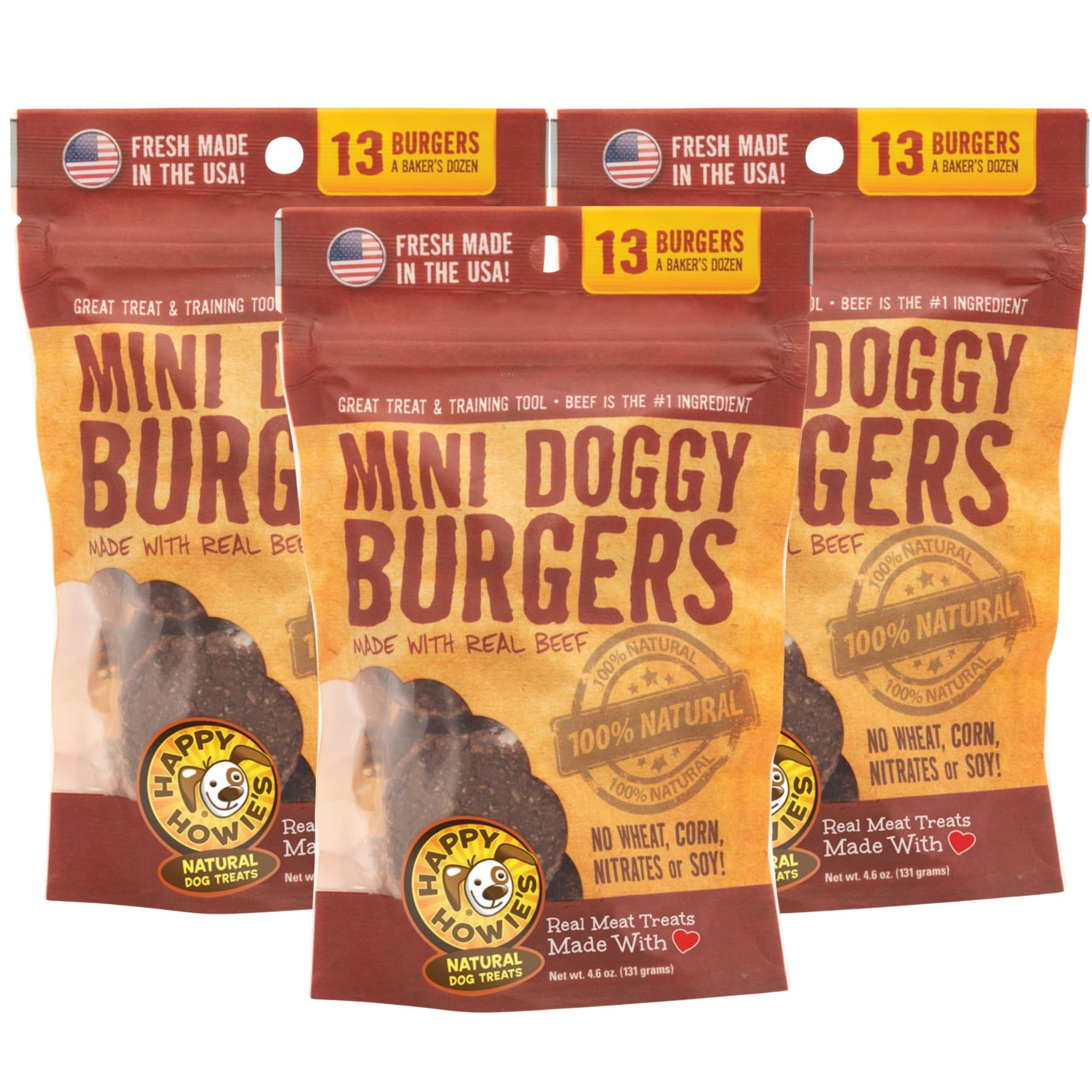 Happy Howie's Mini Doggy Burgers pack3 closeup shows slow-cooked beef for a longer-lasting treat