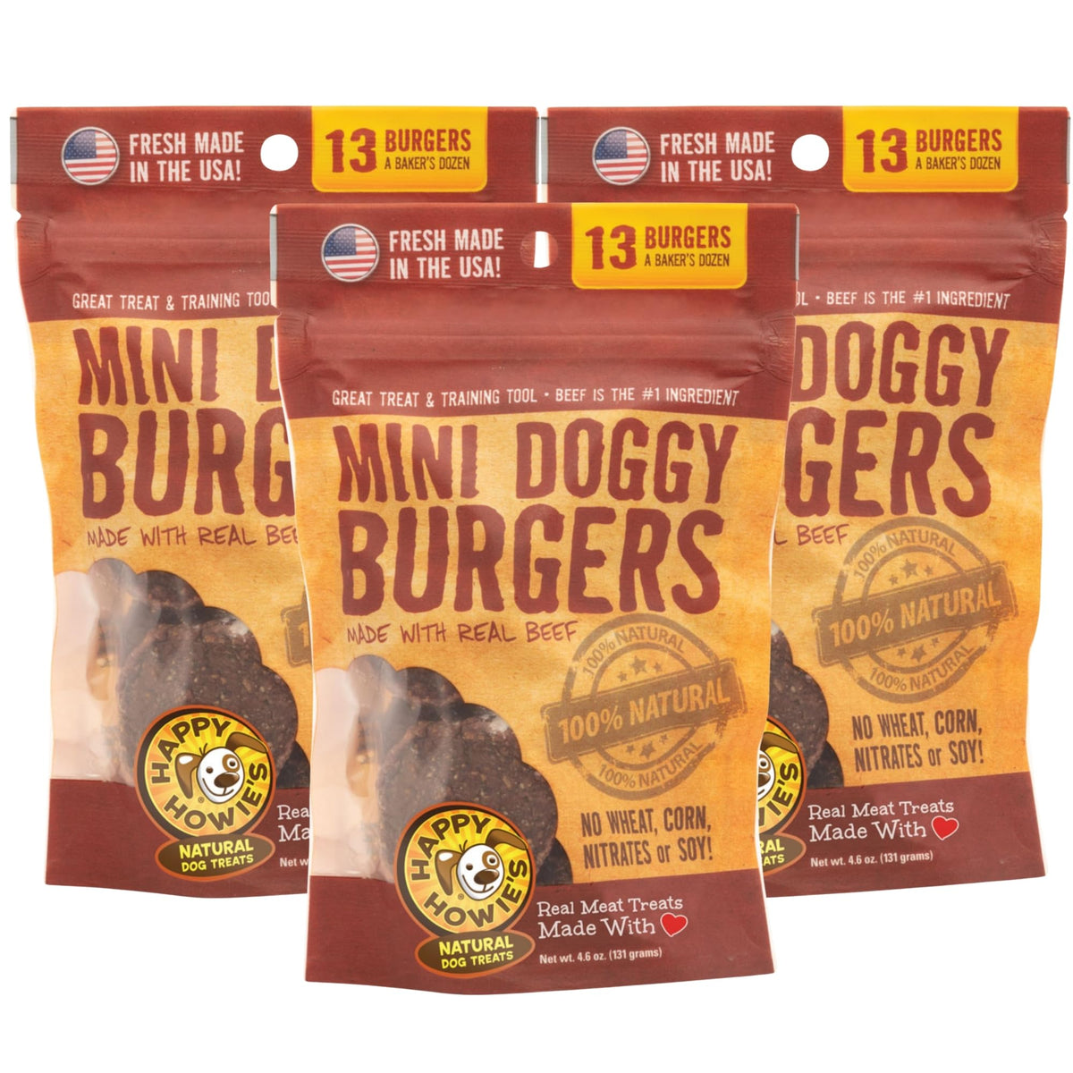 Happy Howie's Mini Doggy Burgers pack3 closeup shows slow-cooked beef for a longer-lasting treat