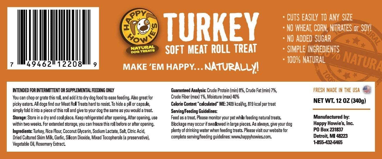 Happy Howie's Soft Meat Roll Made in USA badge highlights domestic production.