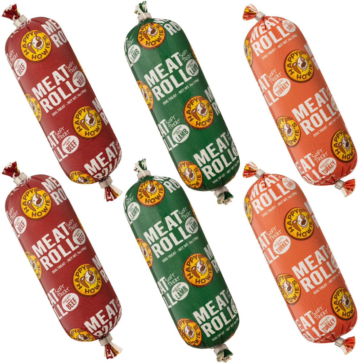 Happy Howie's Soft Meat Roll pack front shows six treats for easy rewards.