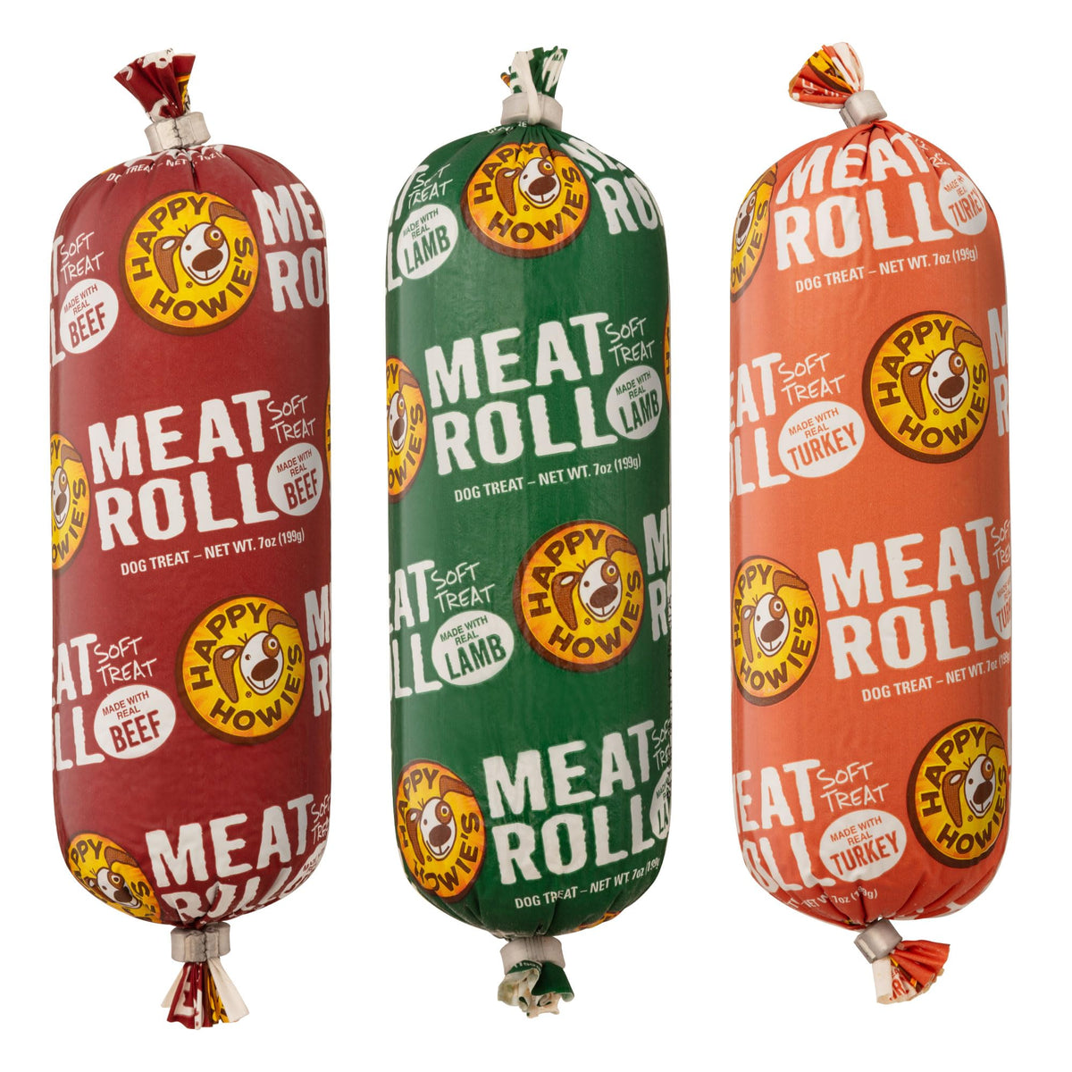 Premio natural Happy Howie's Soft Meat Roll Treat en envase, ideal para premiar al perro
