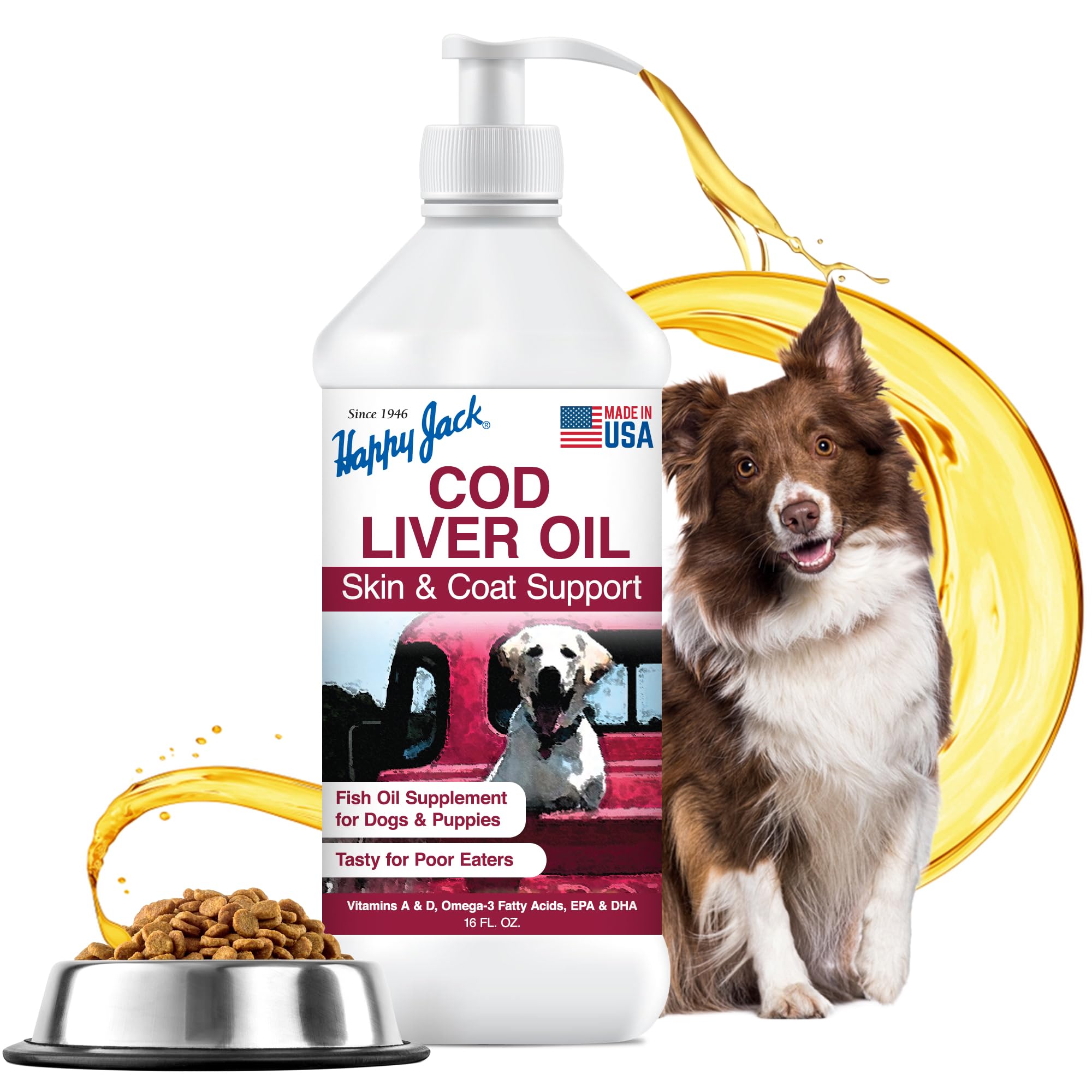 Happy Jack cod liver oil bottle promotes healthy dog coat and skin.