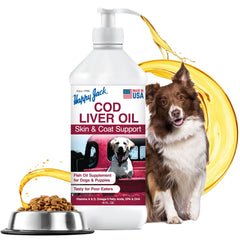 Happy Jack cod liver oil bottle promotes healthy dog coat and skin.