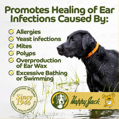 HAPPY JACK Ear Canker Powder closeup on a dog's ear for potential relief.