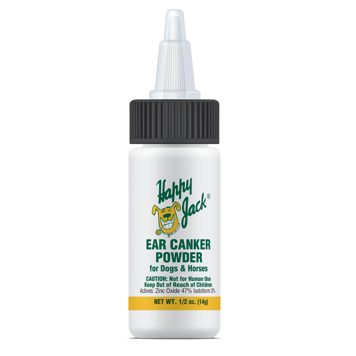 HAPPY JACK Ear Canker Powder tin label shows Made in USA and 0.5 oz size for easy use.