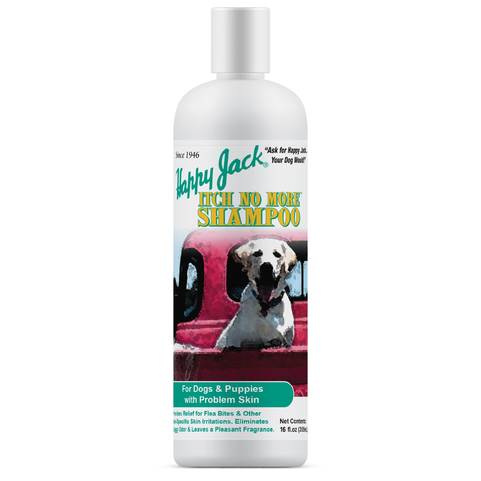 Happy Jack Itch No More bottle and label, showcasing skin-and-coat care.