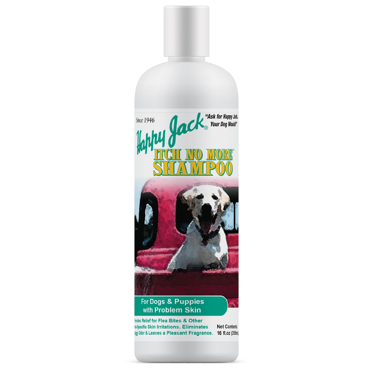 Happy Jack Itch No More bottle and label, showcasing skin-and-coat care.