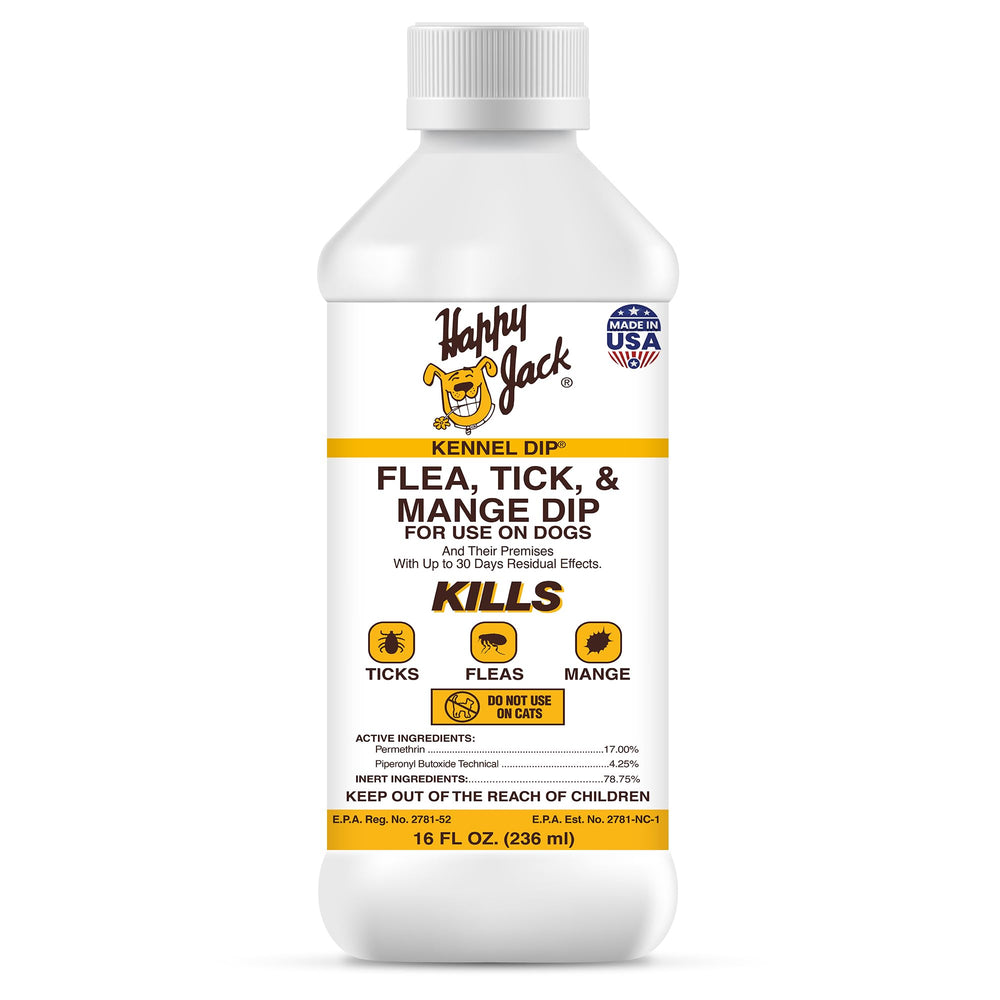 Happy Jack Kennel Dip 16oz bottle ready for at-home flea and tick control.
