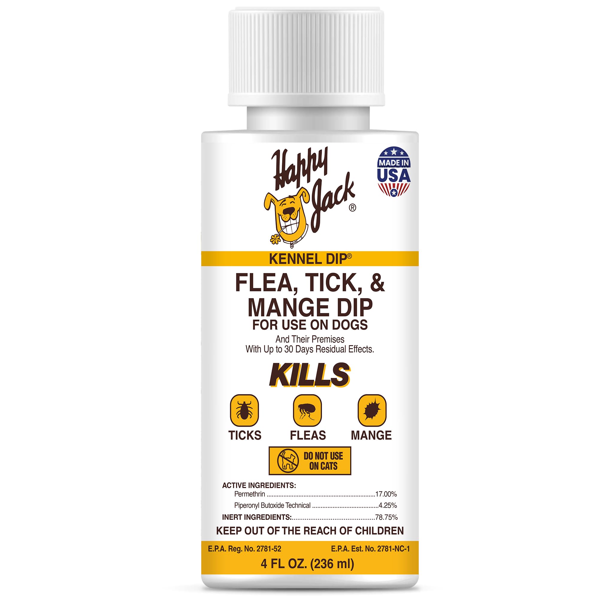 Happy Jack Kennel Dip bottle-application shows easy flea and tick control for dogs.