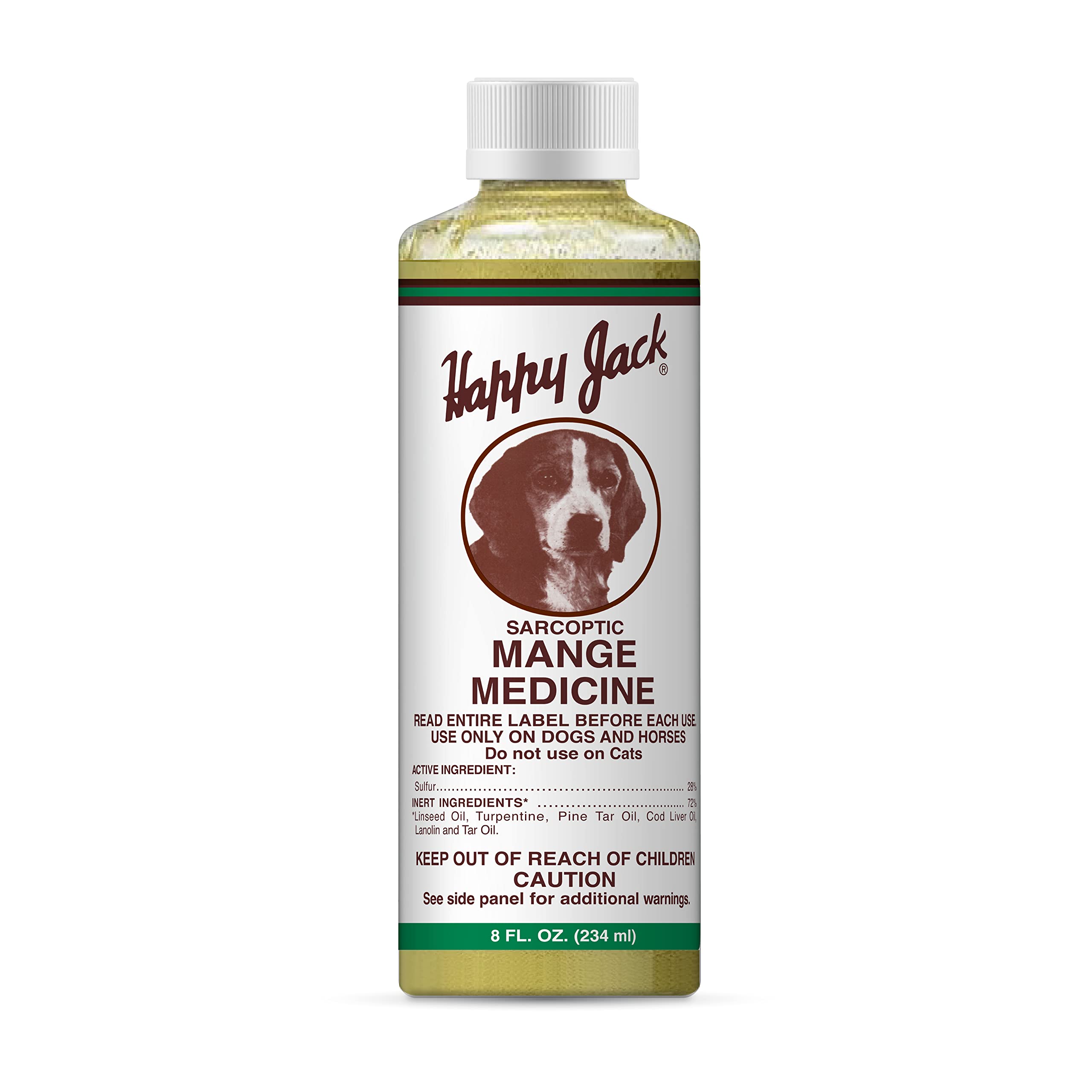 Happy Jack mange medicine bottle with dog paw shows soothing relief potential for irritated skin.