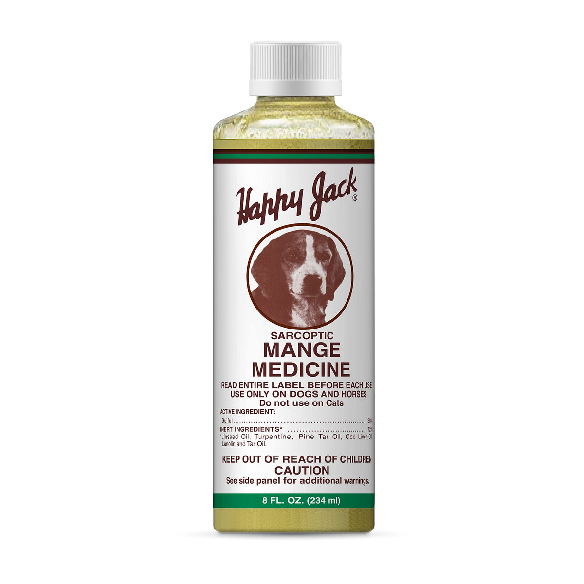 Happy Jack mange medicine bottle with dog paw shows soothing relief potential for irritated skin.
