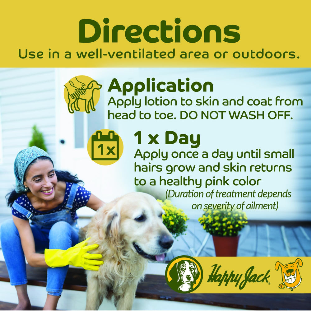 Happy Jack mange medicine skin-relief spot shows targeted care on a dog itchy area.