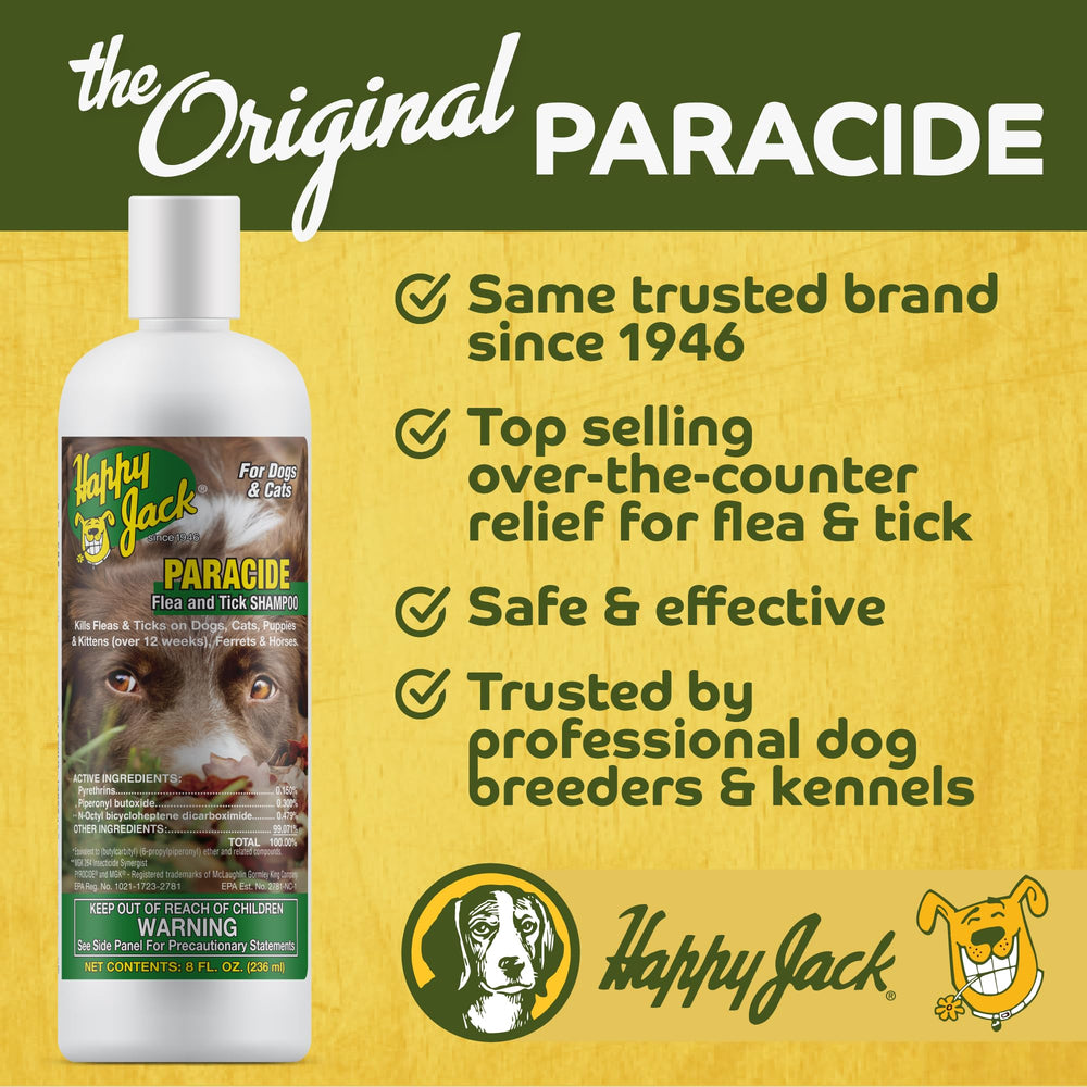 Happy Jack Paracide shampoo cat wash demonstrates multi-species use in grooming.