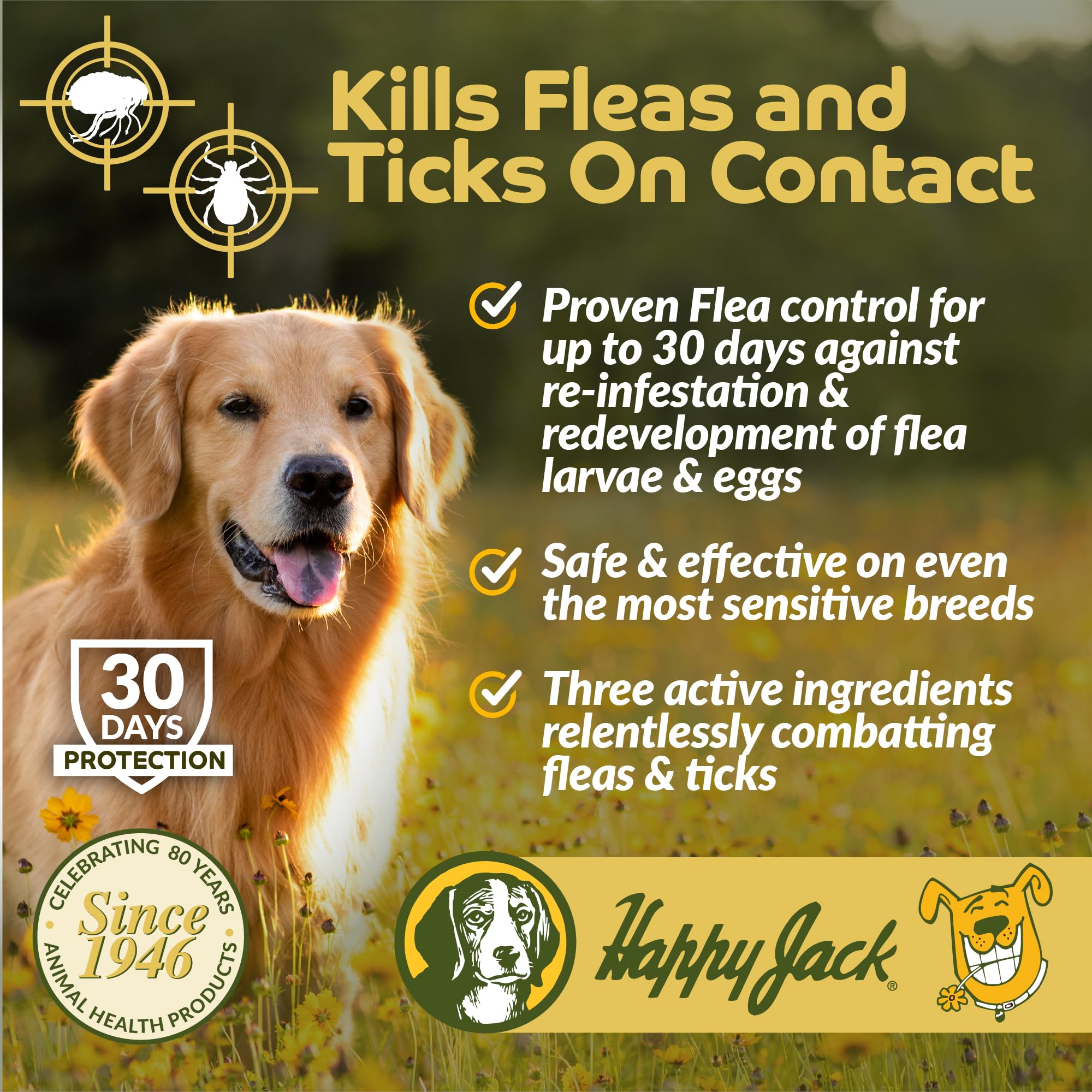 Happy Jack Paracide shampoo being applied during dog bath for quick pest relief.