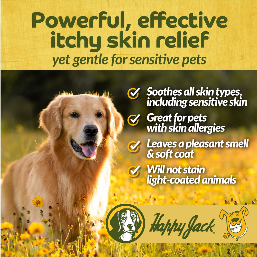 Happy Jack Xylecide bottle beside dog bath setup illustrating easy application.