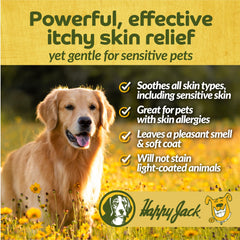 Happy Jack Xylecide bottle beside dog bath setup illustrating easy application.