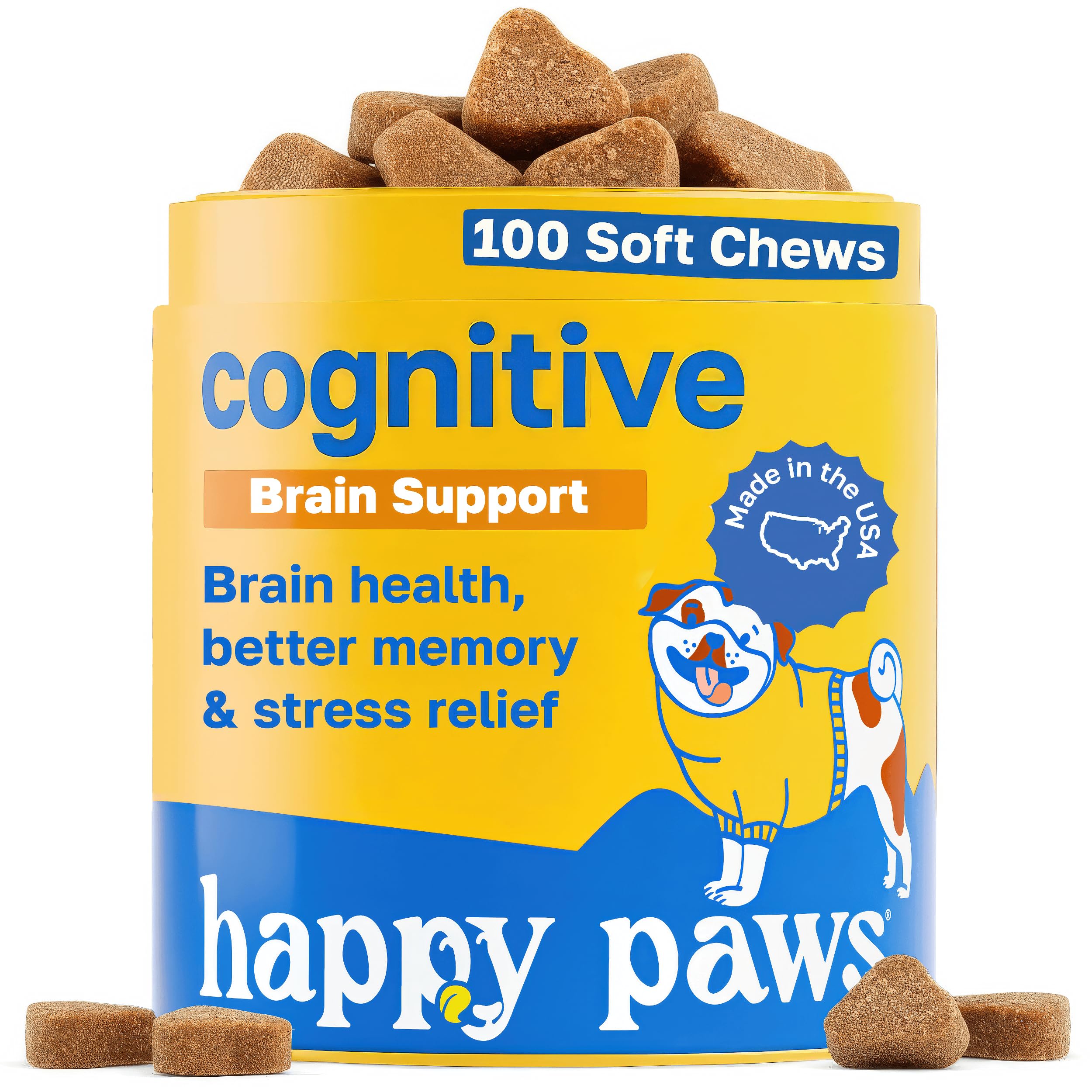 Happy Paws cognitive supplement chicken chews provide tasty brain-health support for dogs.