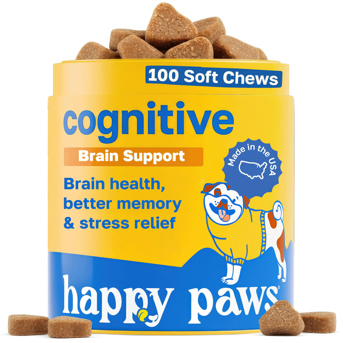 Happy Paws cognitive supplement chicken chews provide tasty brain-health support for dogs.