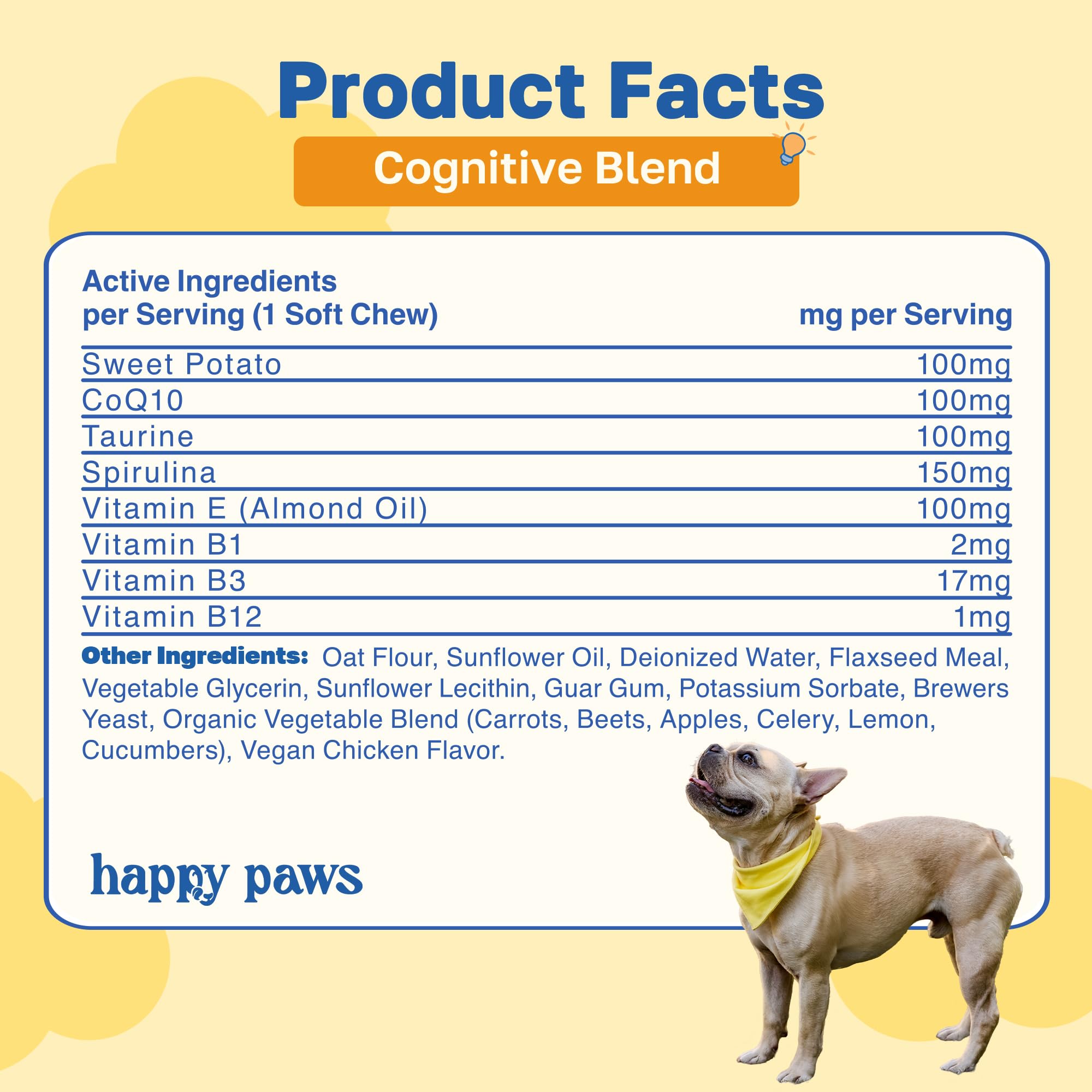 Happy Paws happy dog with active smile illustrates pleasant daily supplement routine.
