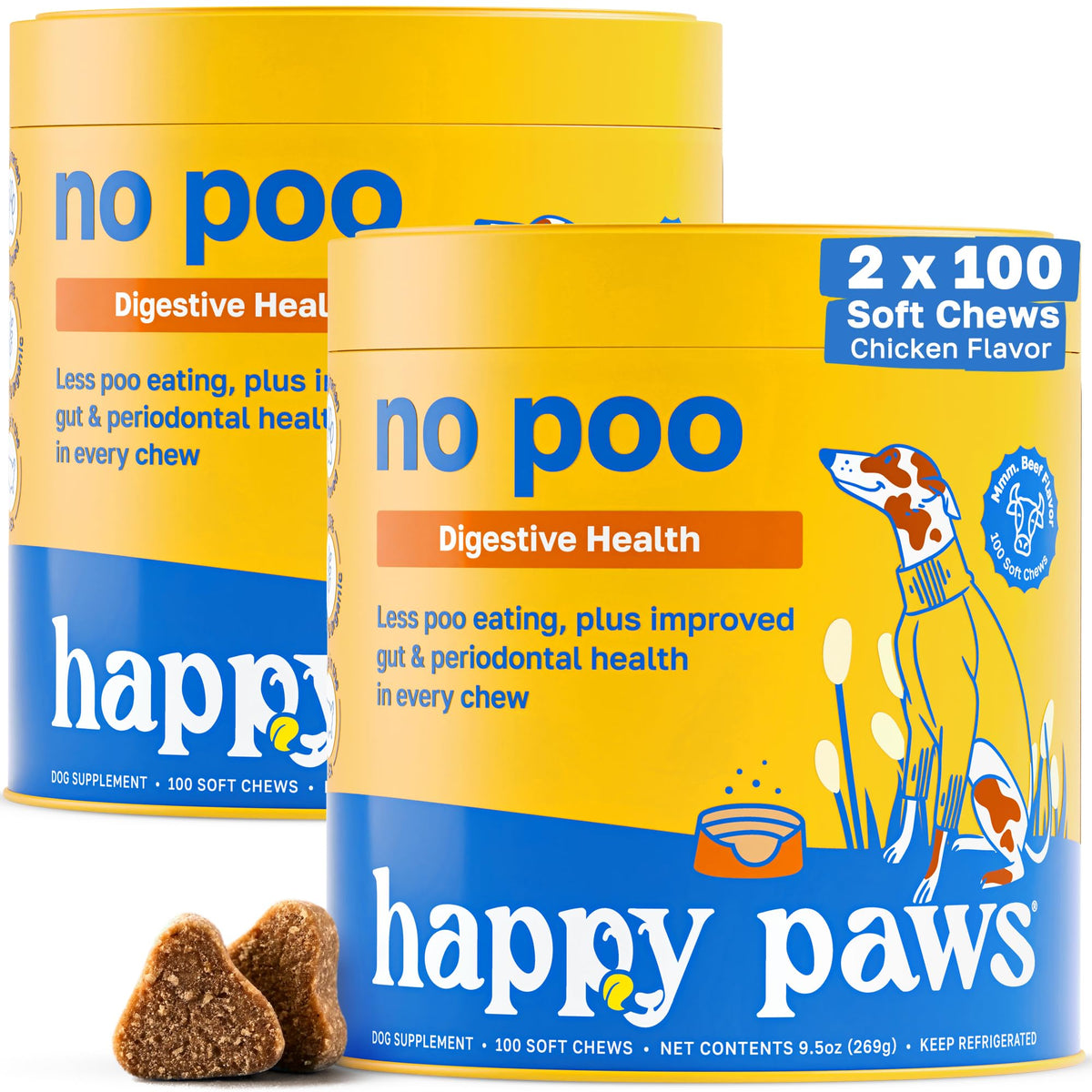 Happy Paws No Poo Chews beef-flavor packaging demonstrates a tasty coprophagia deterrent for dogs.