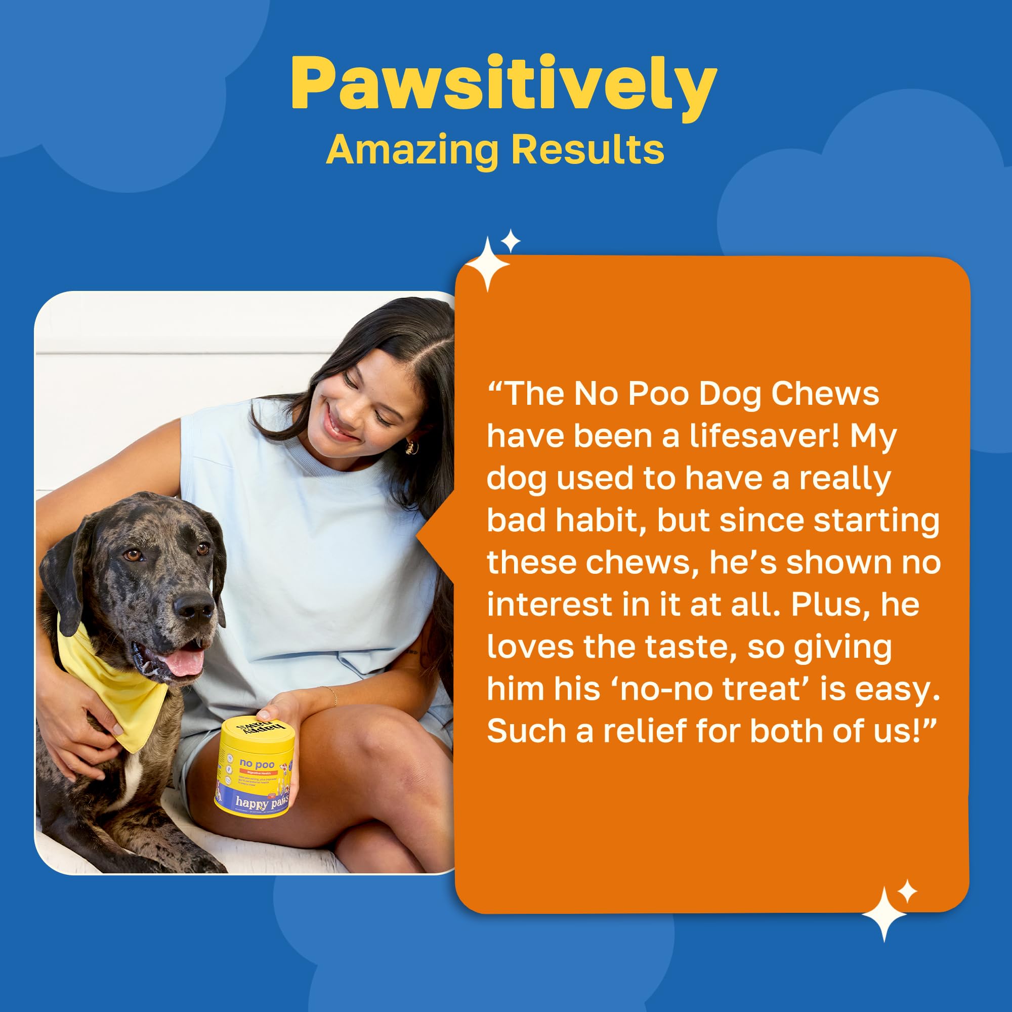 Happy Paws No Poo Chews probiotics and enzymes detail emphasizes gut-friendly blend.
