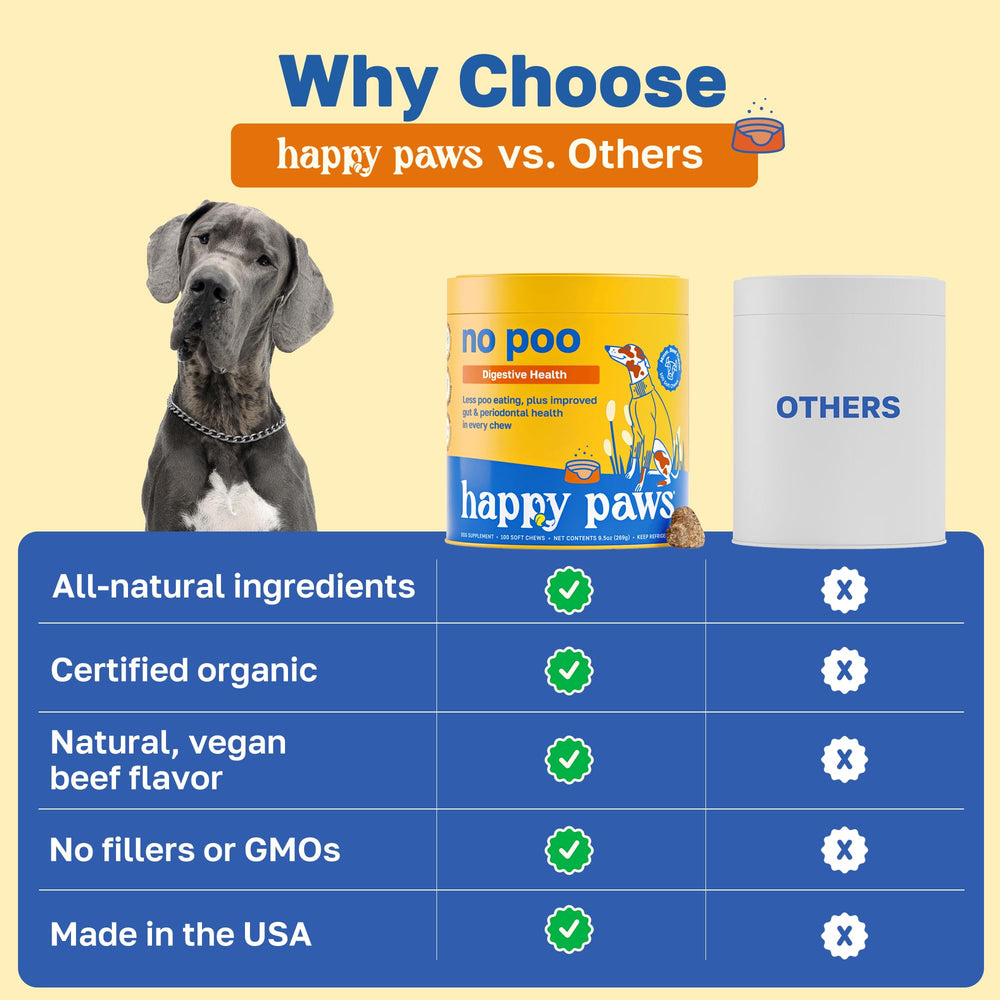 Happy Paws No Poo Chews pumpkin ingredients image highlights natural digestion support.