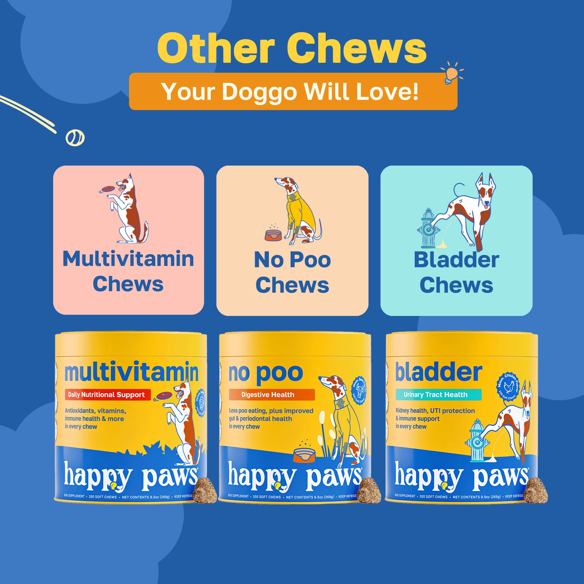 Happy Paws packaging tub front communicates convenient daily brain support.