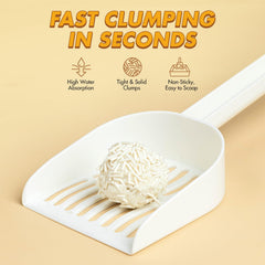 Happy & Polly tofu cat litter shows a dust-free texture reducing airborne particles for cleaner air.