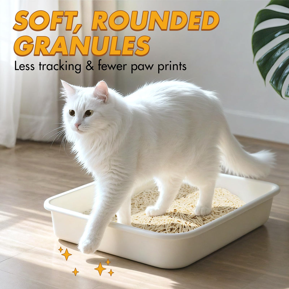 Happy & Polly tofu cat litter's low-tracking formula keeps paws clean and floors tidier.