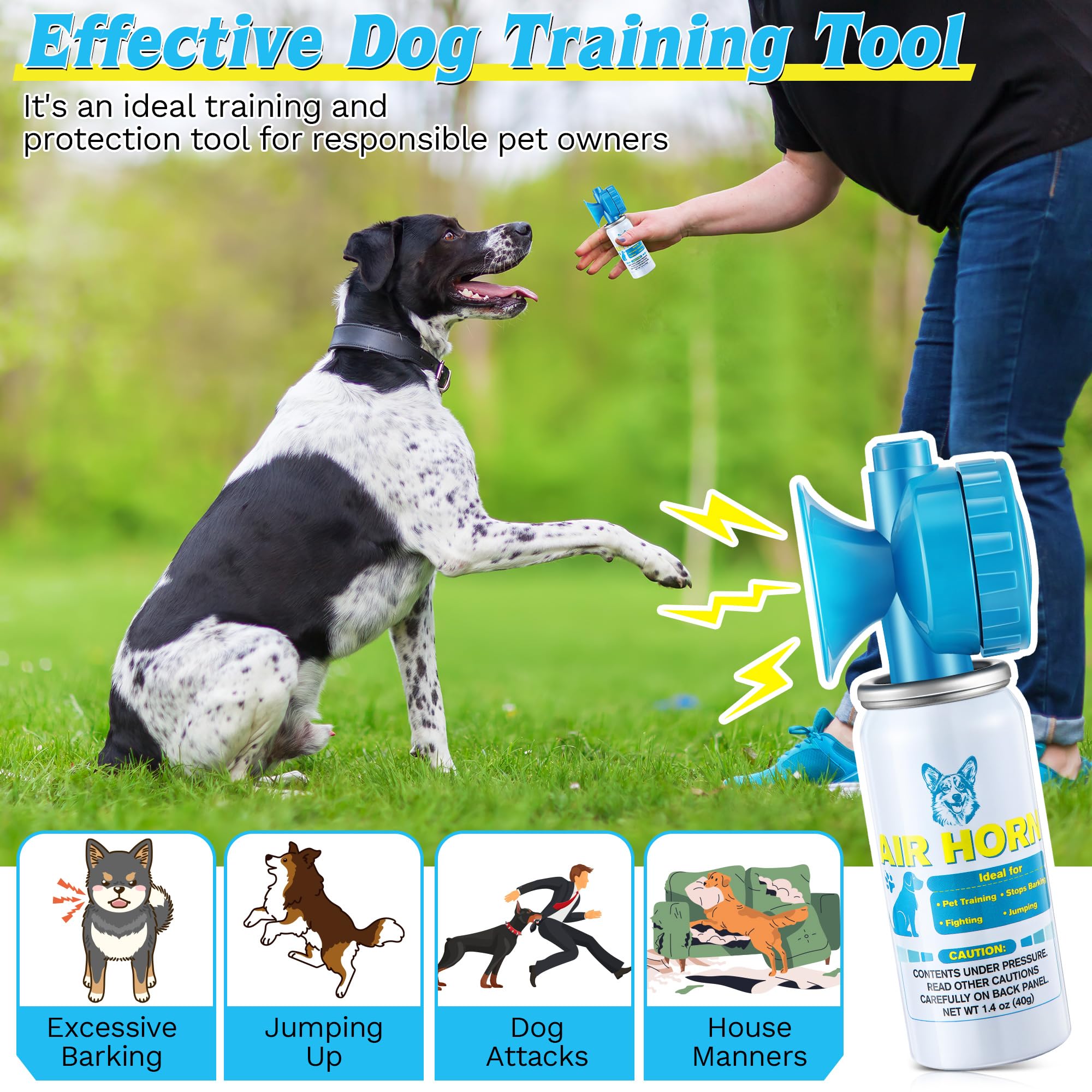 HappyAlley air horn 120dB emphasizes dog attention and deterrence during walks.