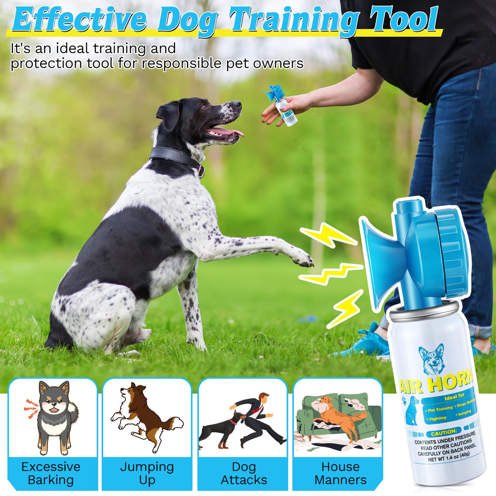 HappyAlley air horn 120dB emphasizes dog attention and deterrence during walks.