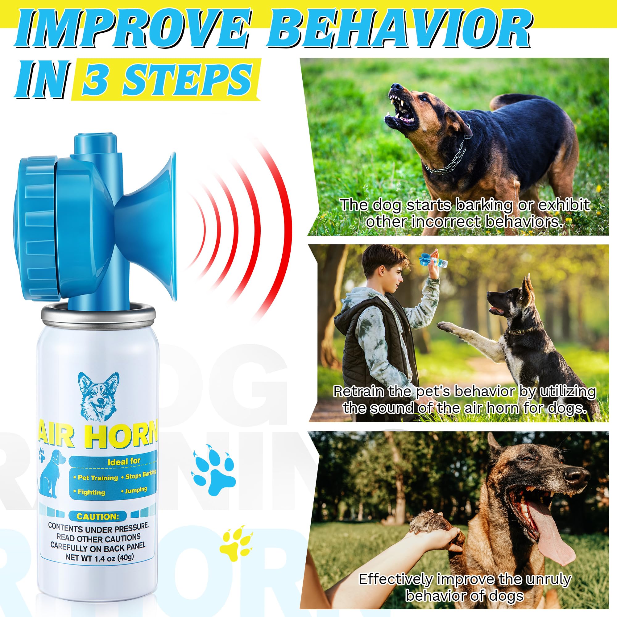 HappyAlley Air Horn blue training-scene shows use for behavior cues and training clips.