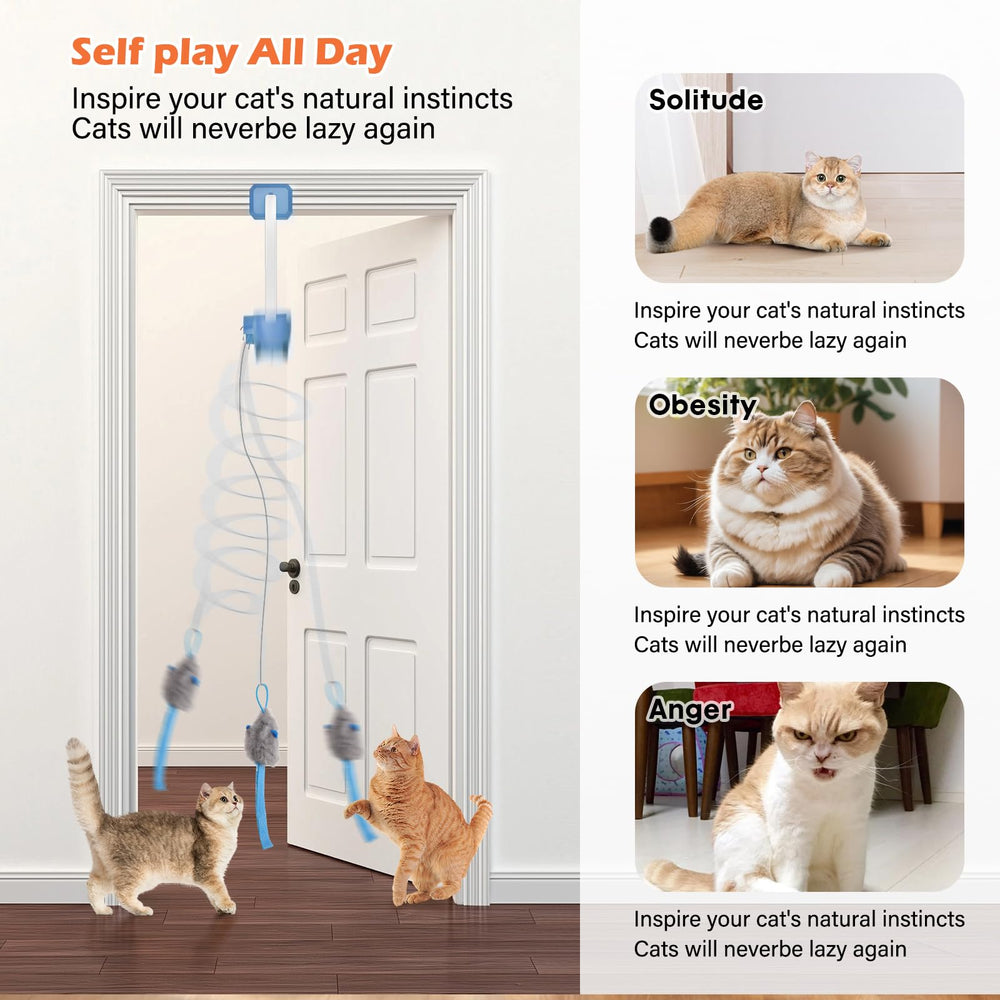 HappyCode cat teaser blue elastic cords adjust for varied chase lengths.