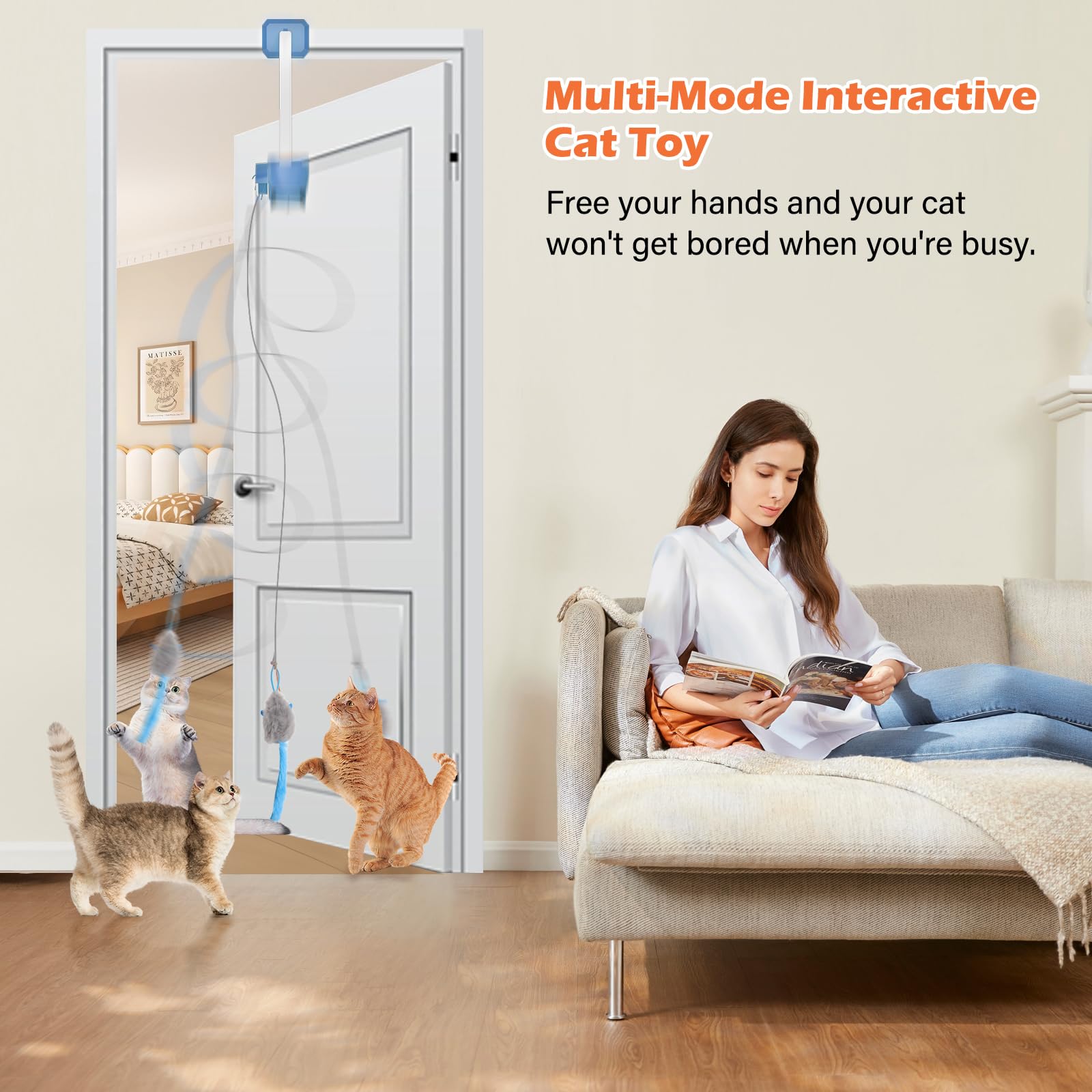 HappyCode cat teaser blue includes plush toys to attract playful engagement.