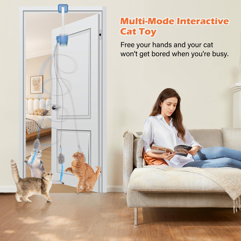 HappyCode cat teaser blue includes plush toys to attract playful engagement.