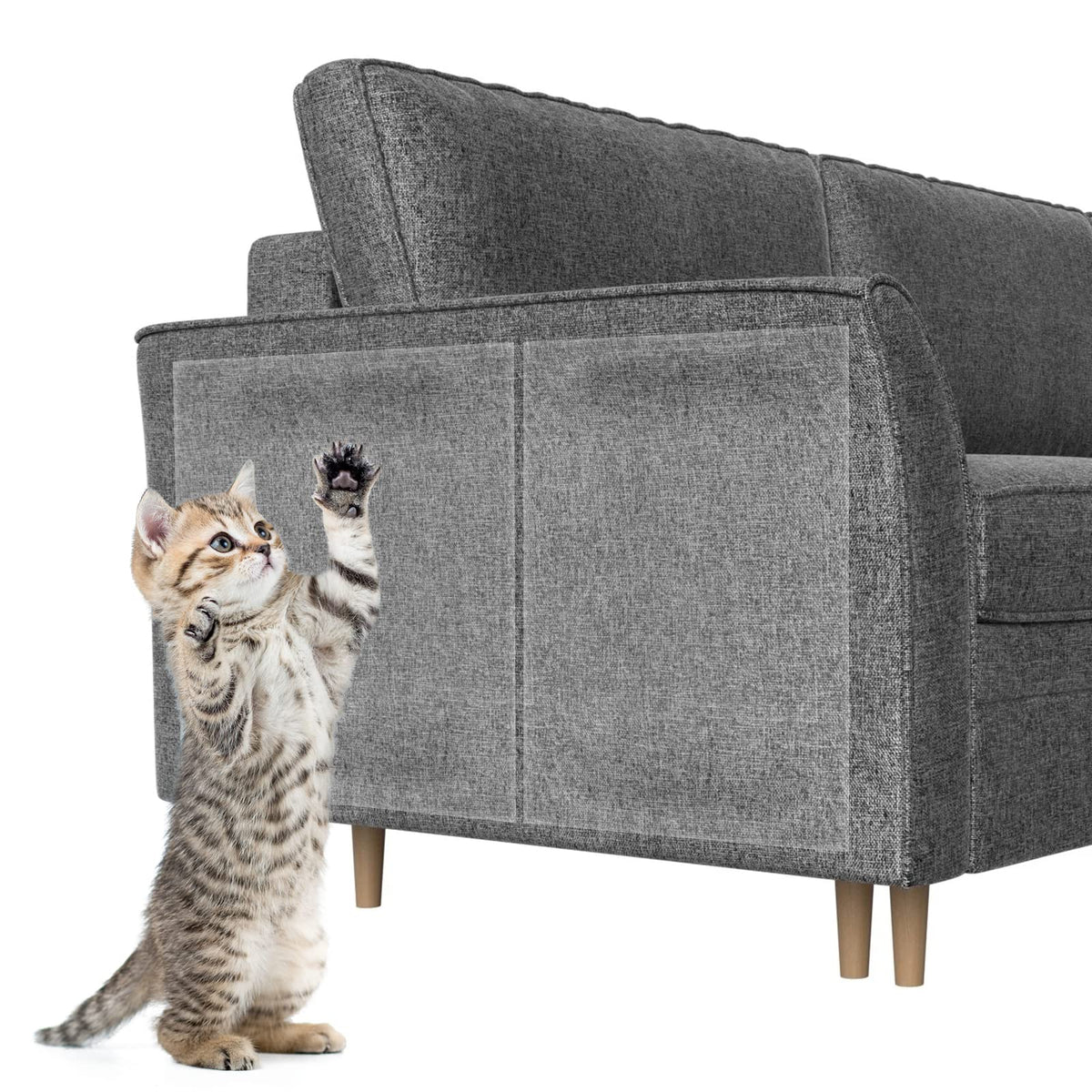 HappyFreeSX cat scratch tape sheets 14x10 on sofa protects upholstery while deterring claws.